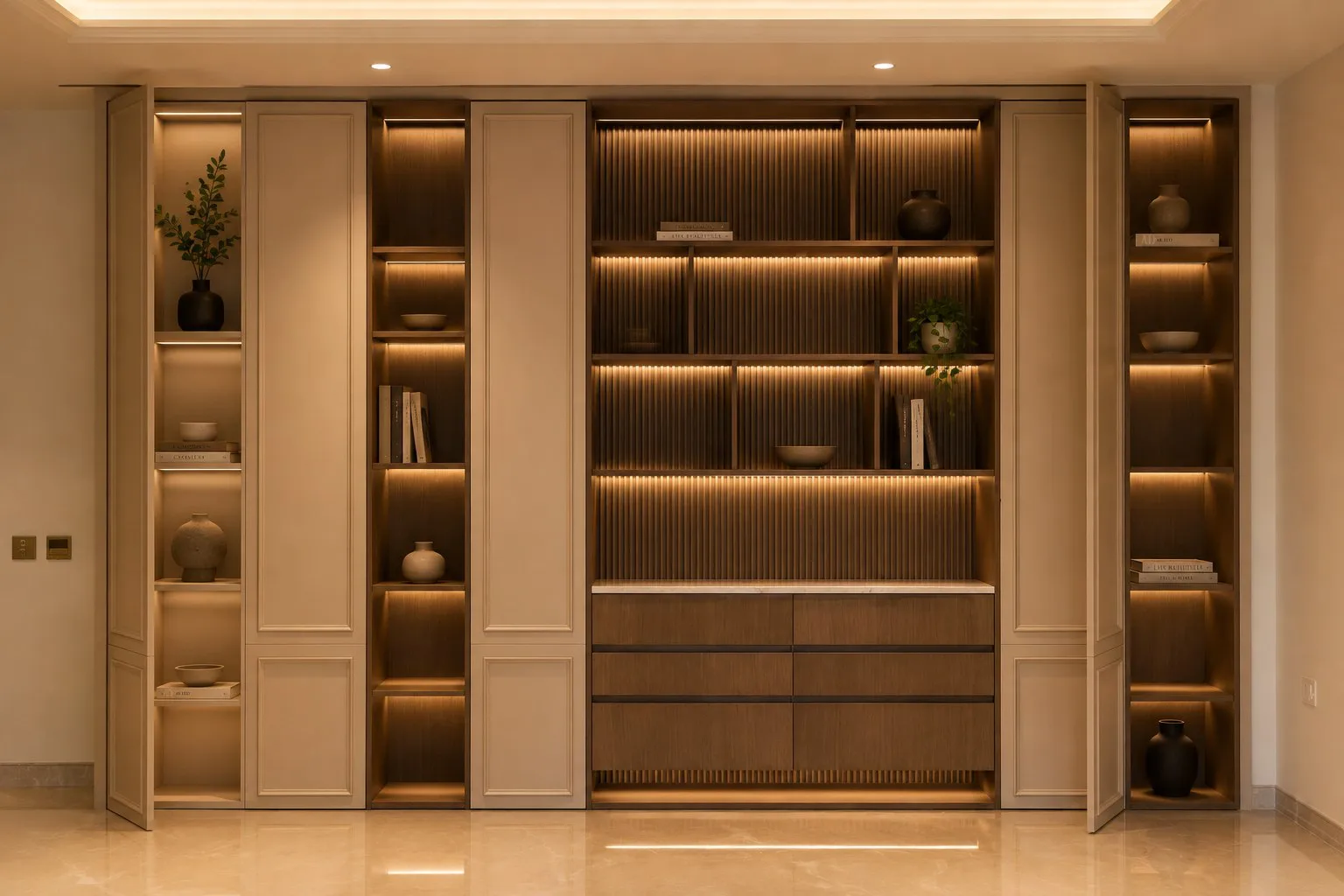 Full-height media wall with fluted backing and lit display bays
