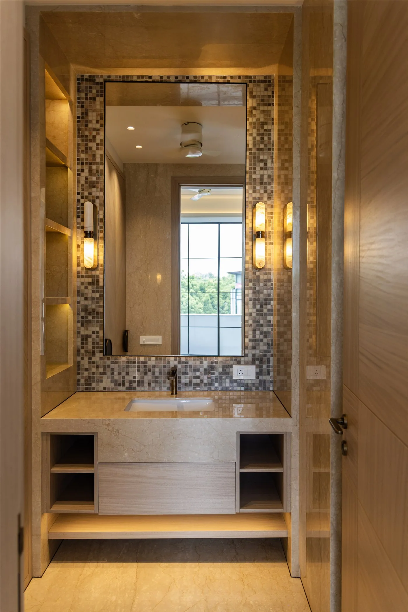 Mosaic-tiled vanity with lit niches — E-520, GK II