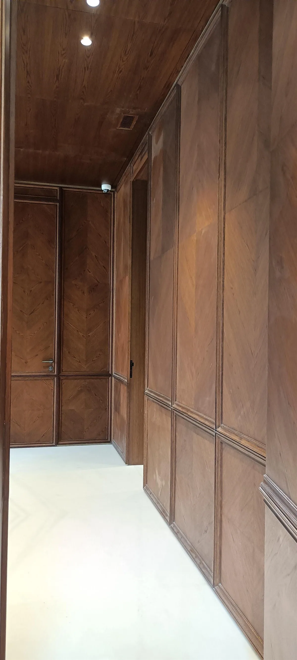 Book-matched timber panelled corridor — 14 Jorbagh