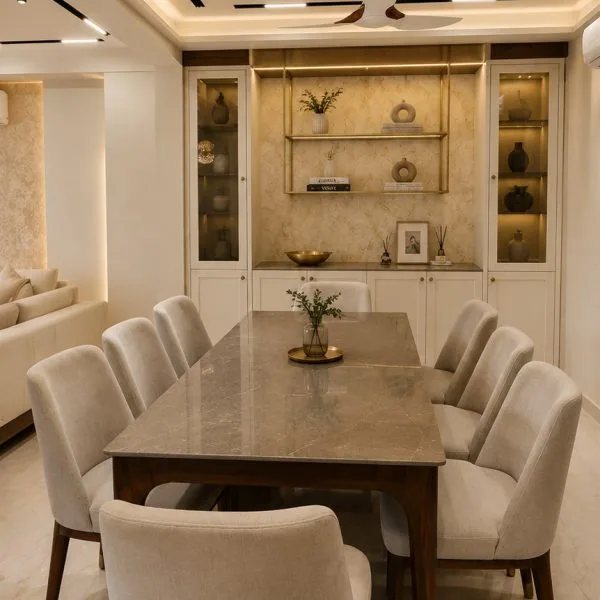 Dining room with display cabinets and brass shelving — Mr Mohak